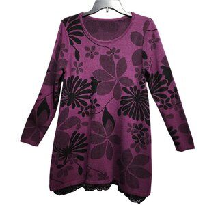 Purple Tunic Top Sweter Long Sleeve With Lace Hem Cashmere And Wool Blend Size L
